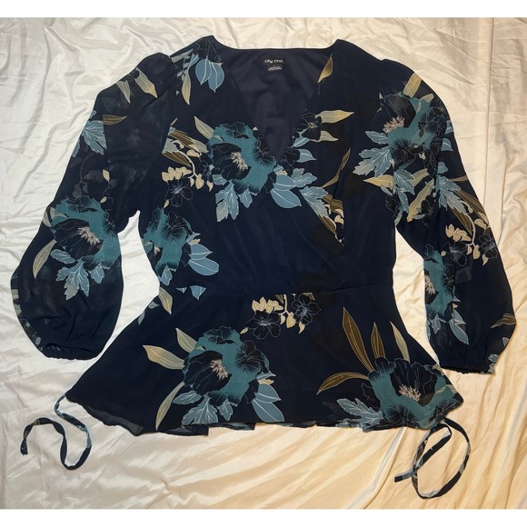 City Chic Tops - City Chic Floral‎ Peplum Blouse Womens L Navy Blue Wrap V-Neck Long Sleeve Top